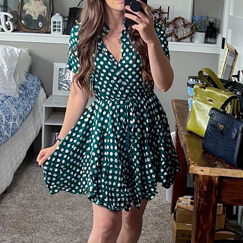 Button down shirt sleeve green polka dot fit and flare mini dress party casual A
